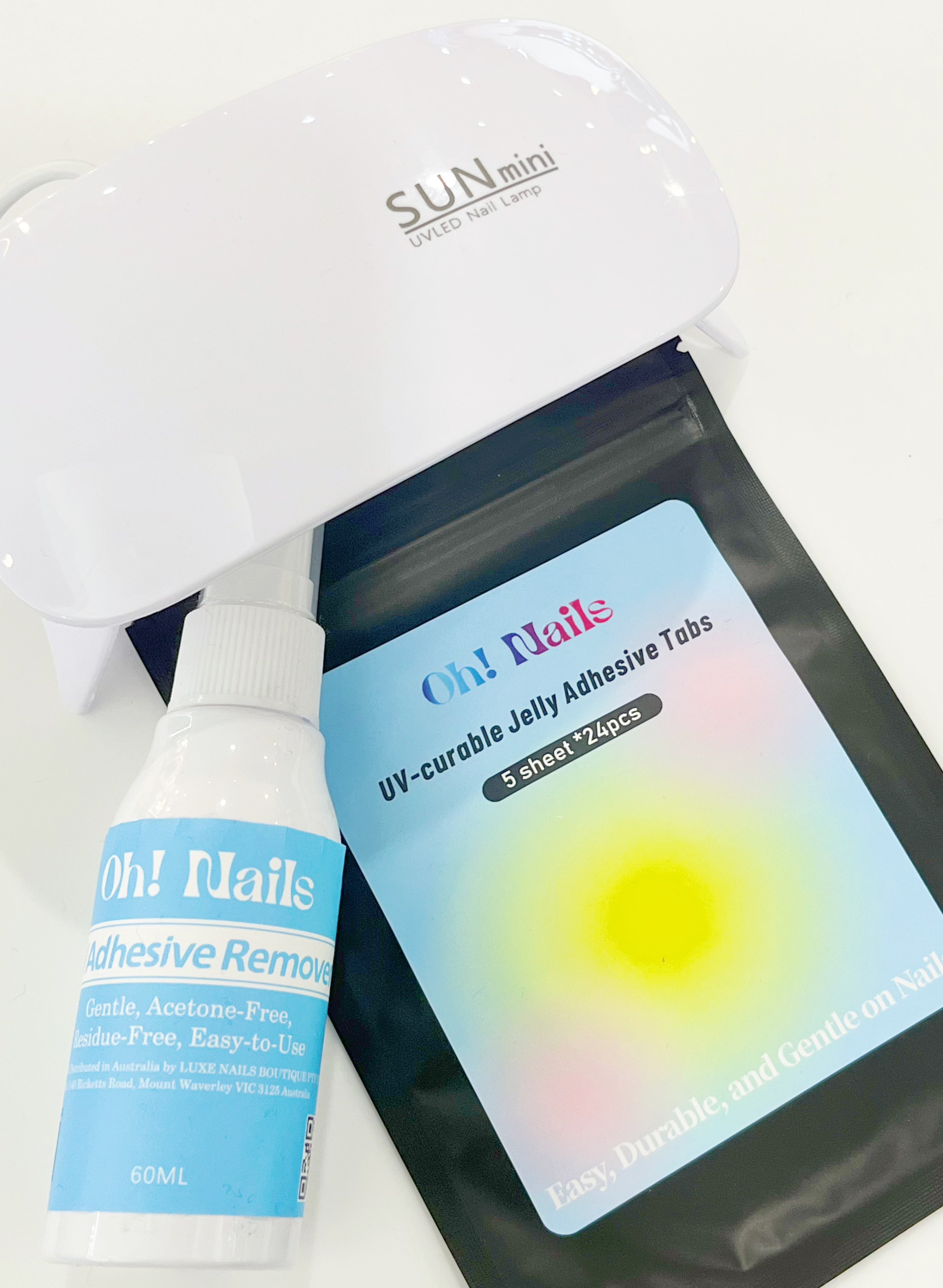 UV-Curable Jelly Adhesive Tabs Kit – Includes 5 Sheets (24 Tabs/Sheet), Mini UV Light & Remover